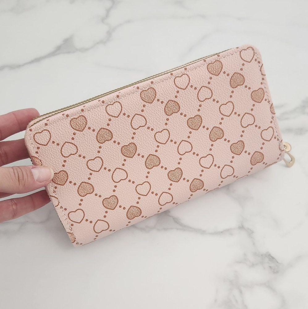 Womens Heart Design Color Pink Pu Leather Two Zipper Wallet